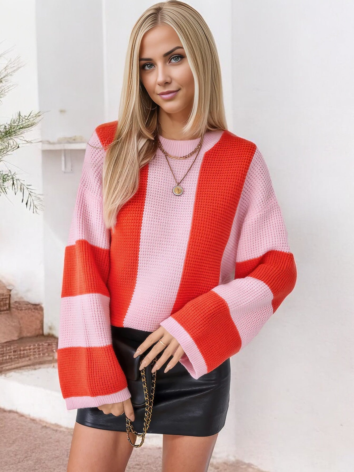 Stella | Sweter dzianinowy dla kobiet z odważnymi paskami, szerokimi rękawami i okrągłym dekoltem