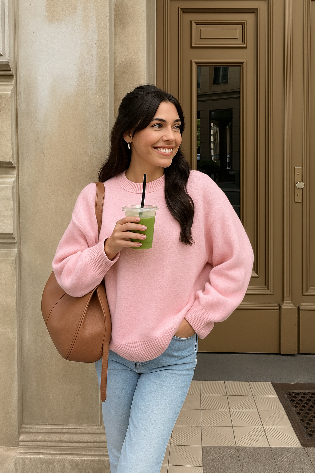 Yara - Damski Różowy Sweter z Okrągłym Dekoltem