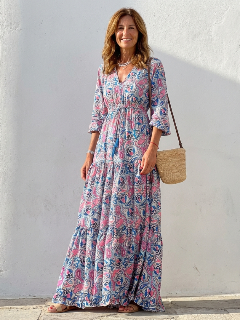 Isabella | Długa Sukienka Boho z Rękawem 3/4 i Dekoltem w Serek