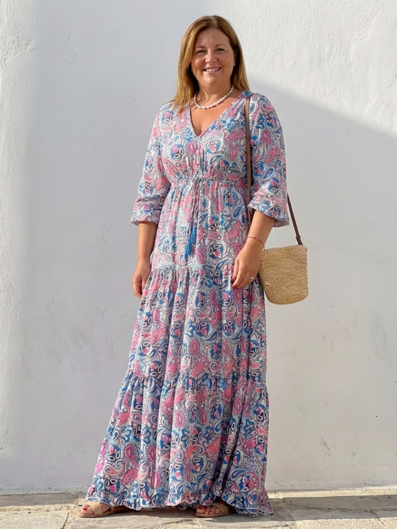 Isabella | Długa Sukienka Boho z Rękawem 3/4 i Dekoltem w Serek