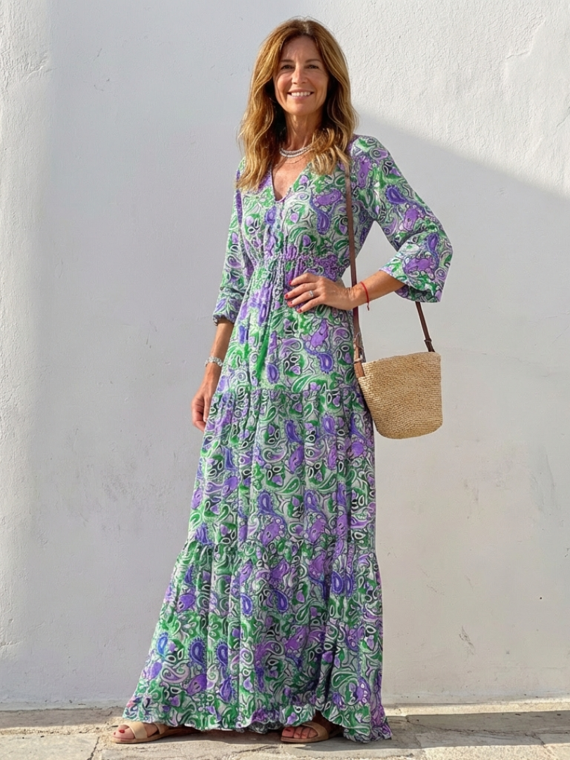 Isabella | Długa Sukienka Boho z Rękawem 3/4 i Dekoltem w Serek