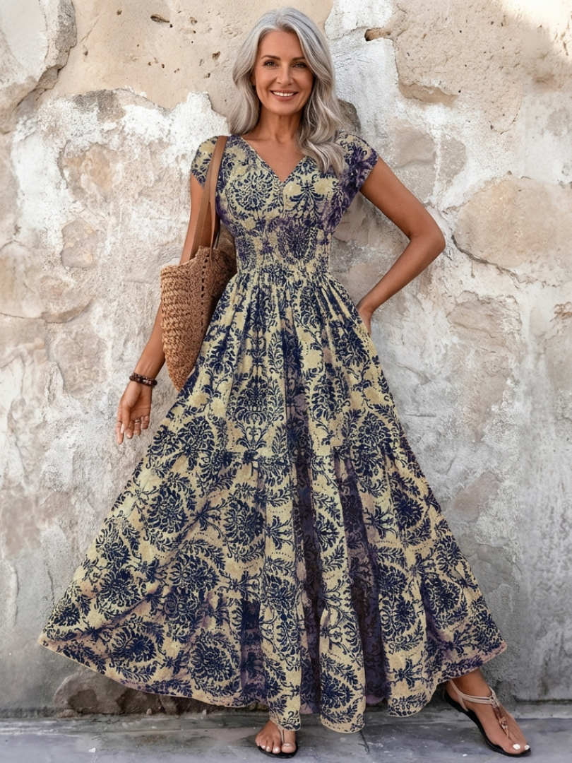 Vivienne | Sukienka maxi boho z rękawem typu cap i dekoltem w kształcie litery V