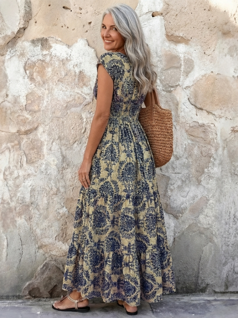 Vivienne | Sukienka maxi boho z rękawem typu cap i dekoltem w kształcie litery V