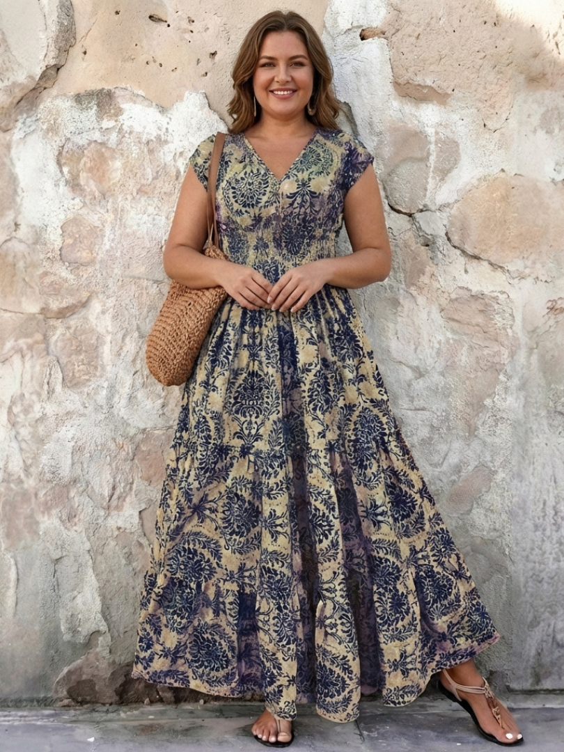Vivienne | Sukienka maxi boho z rękawem typu cap i dekoltem w kształcie litery V