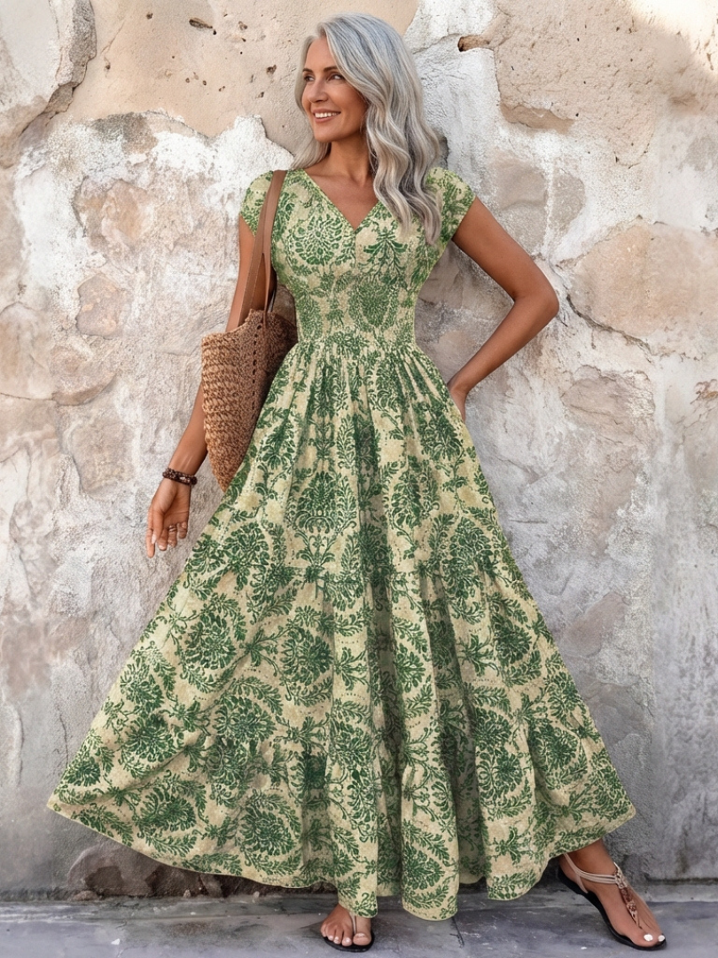 Vivienne | Sukienka maxi boho z rękawem typu cap i dekoltem w kształcie litery V