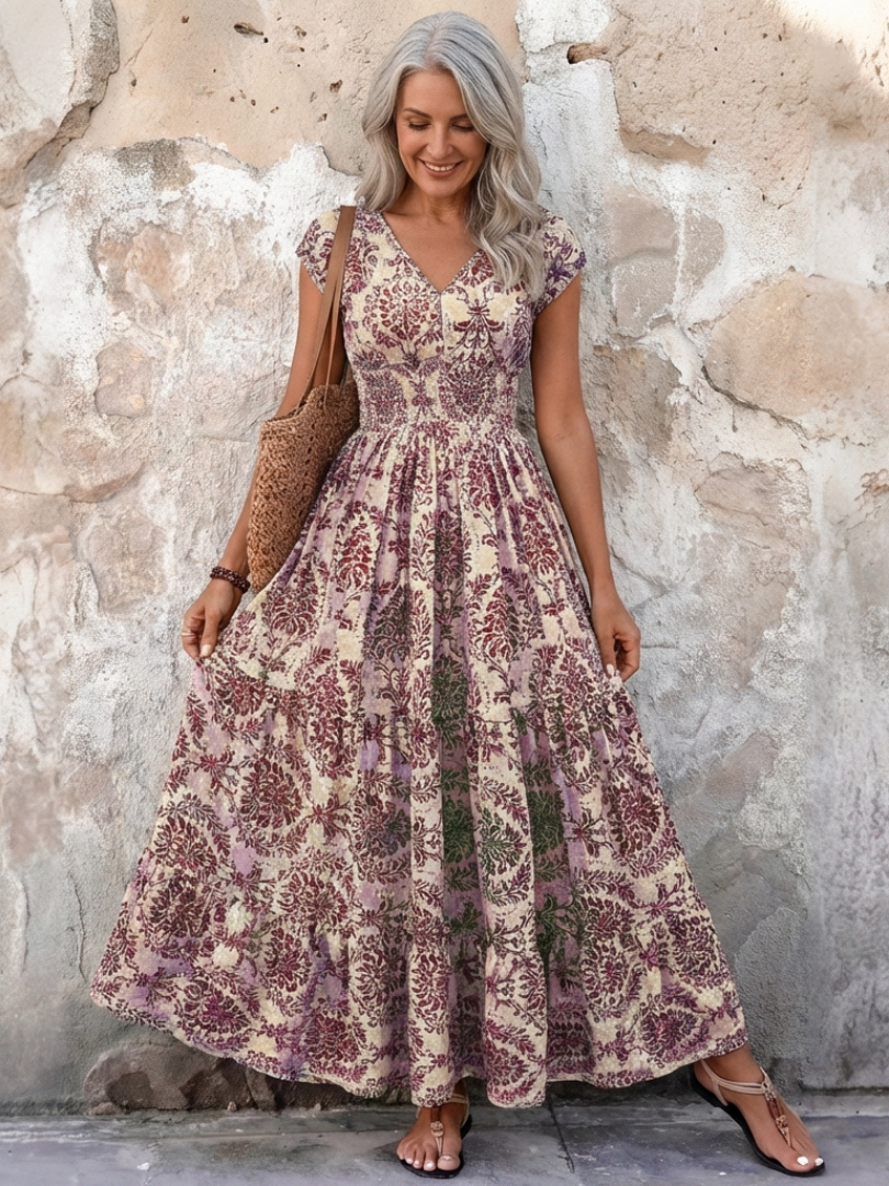 Vivienne | Sukienka maxi boho z rękawem typu cap i dekoltem w kształcie litery V